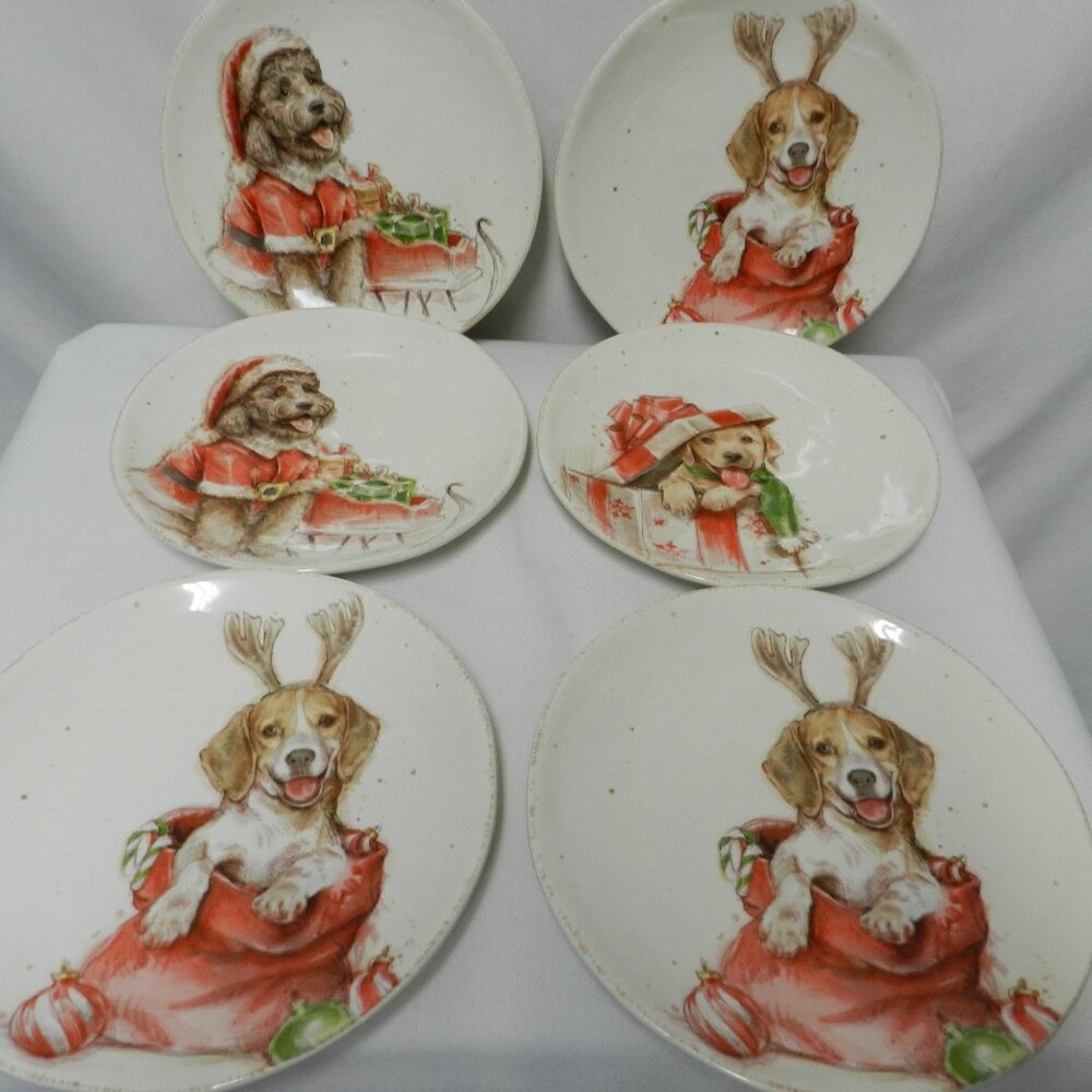 Southern Living Claus puppy dog Salad Starter Plate Set 6 assorted Christmas